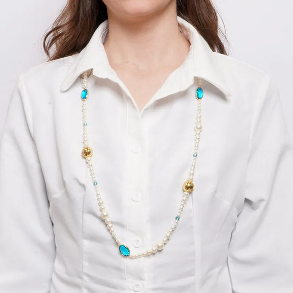 Collana in Metallo lunga con perle e cristalli azzurri - BYSIMON gioielli