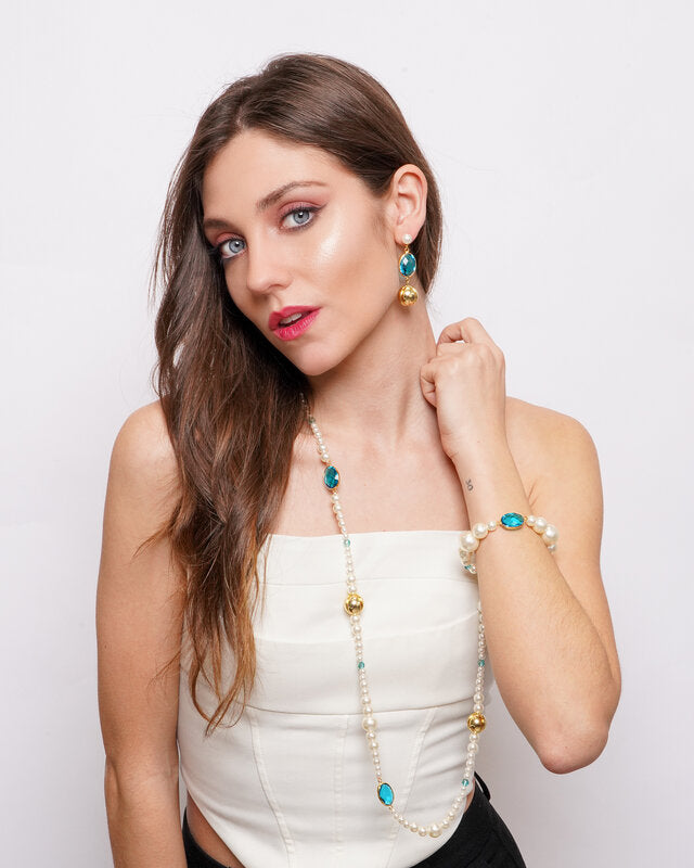 Set coordinato - Collana in Metallo lunga con perle e cristalli azzurri