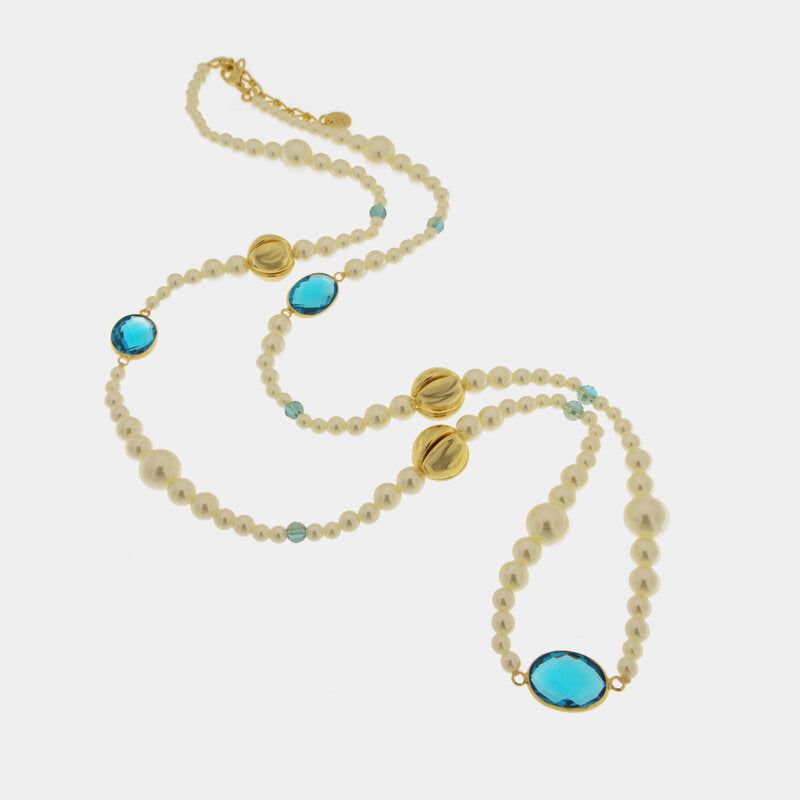 Collana in Metallo lunga con perle e cristalli azzurri