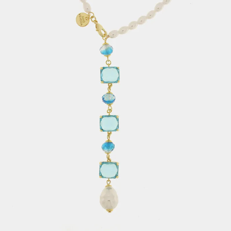 Collana in Metallo doppia catena di perle con cristalli pendenti azzurri - BYSIMON gioielli
