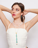 Set coordinato - Collana in Metallo doppia catena di perle con cristalli pendenti azzurri