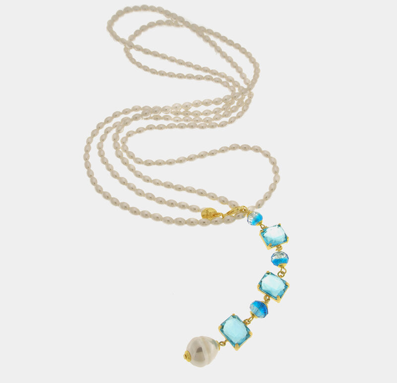 Collana in Metallo doppia catena di perle con cristalli pendenti azzurri