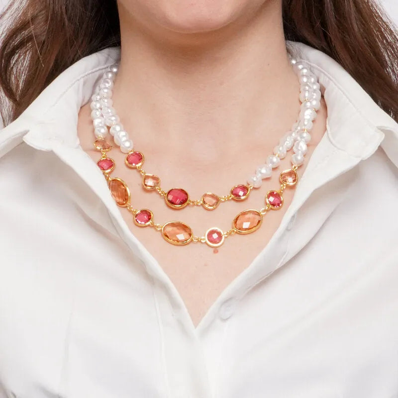 Collana in Metallo multifilo con cristalli rosa - BYSIMON gioielli