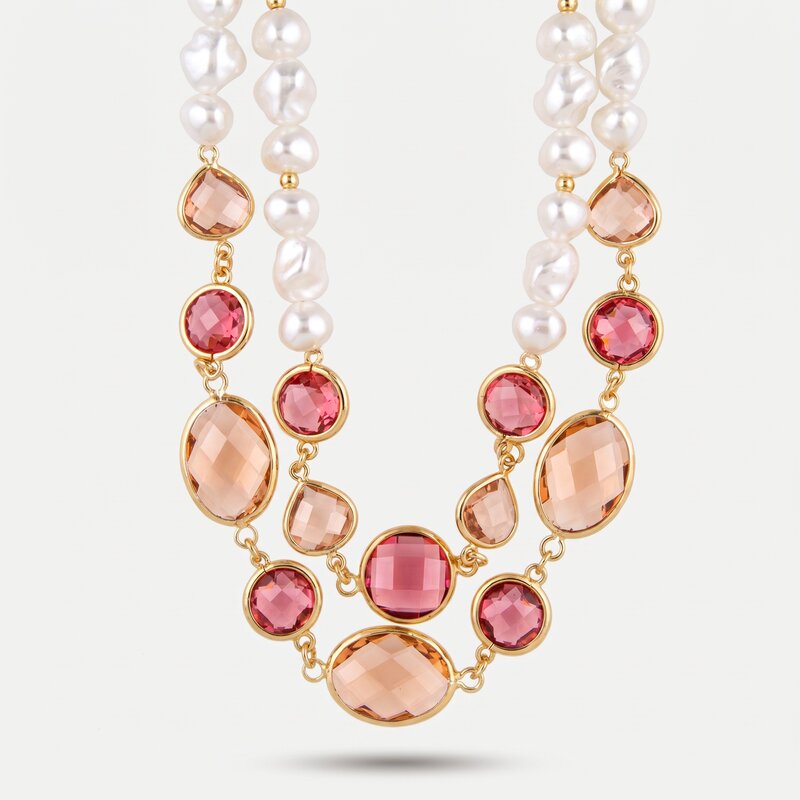 Collana in Metallo multifilo con cristalli rosa - BYSIMON gioielli