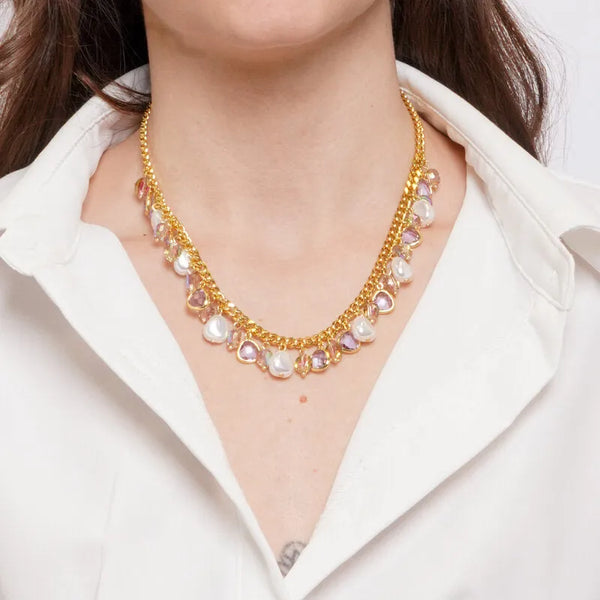 Collana in Metallo catena con cristalli rosa e perle - BYSIMON gioielli