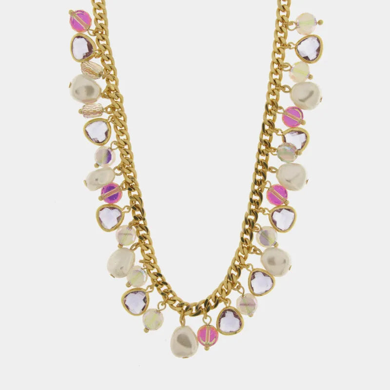 Collana in Metallo catena con cristalli rosa e perle - BYSIMON gioielli