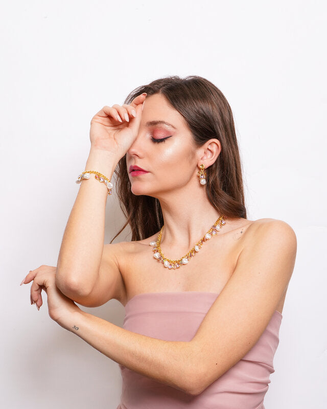 Set coordinato - Collana in Metallo catena con cristalli rosa e perle