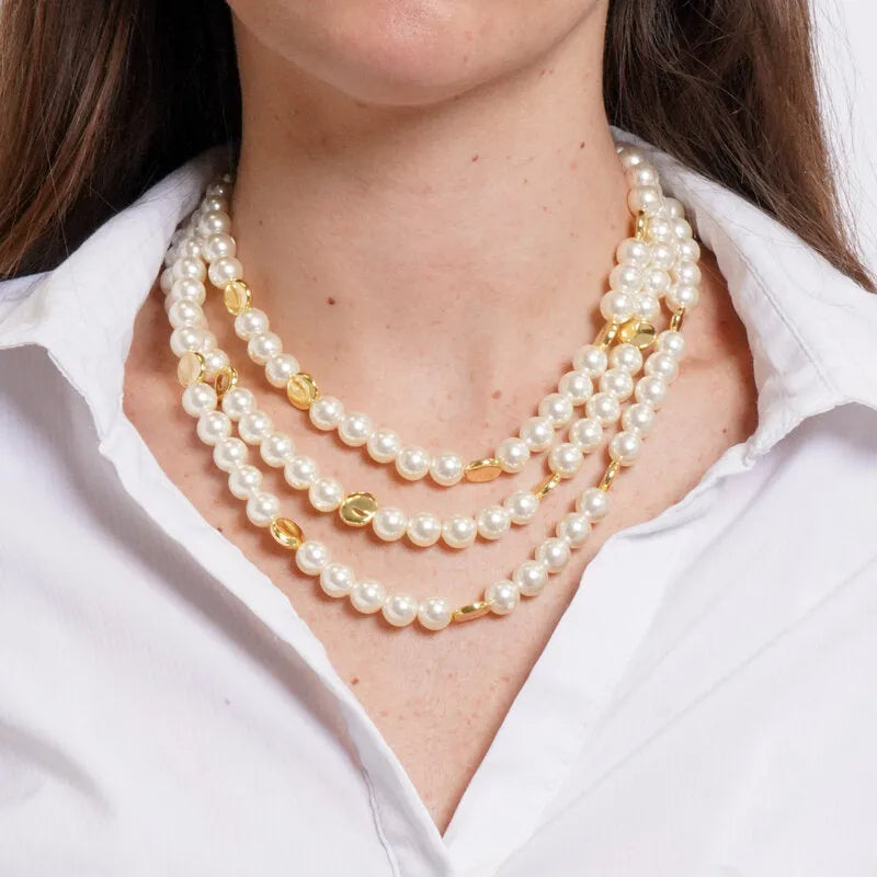 Collana in Metallo tre fili sfere avorio