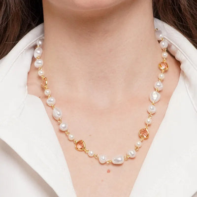 Collana in Metallo cristalli rosa e perle - BYSIMON gioielli