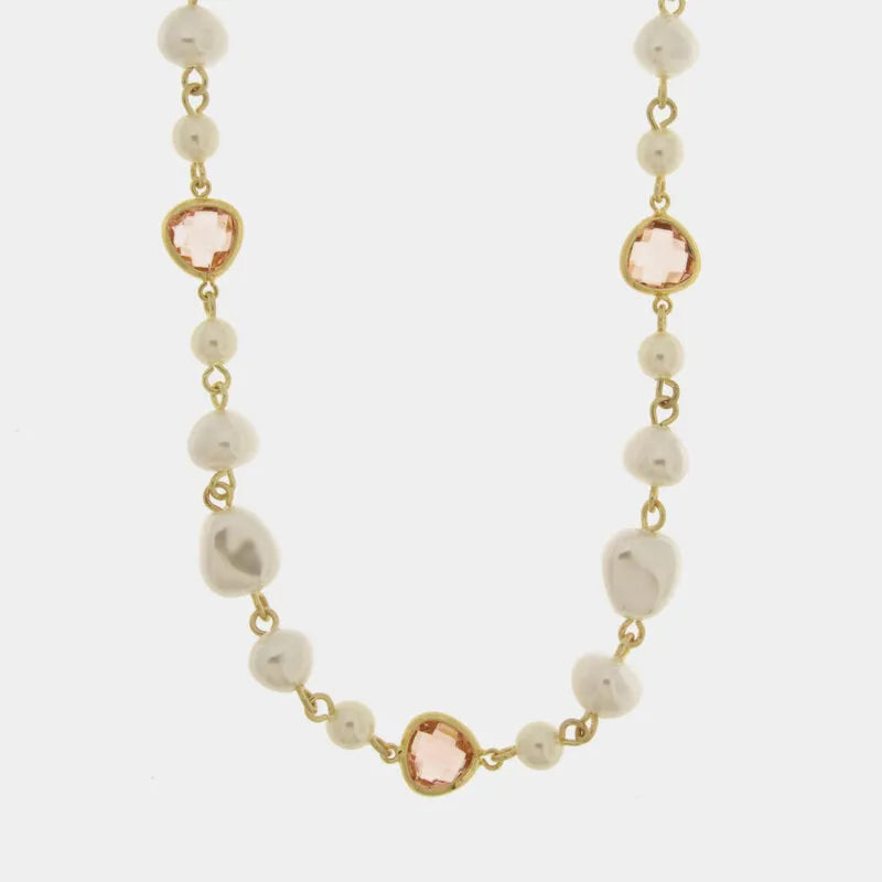 Collana in Metallo cristalli rosa e perle - BYSIMON gioielli
