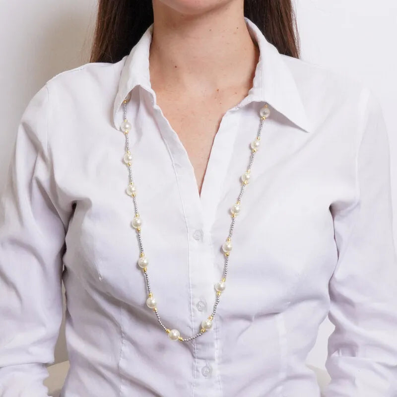 Collana in Metallo sfere argento e perle avorio