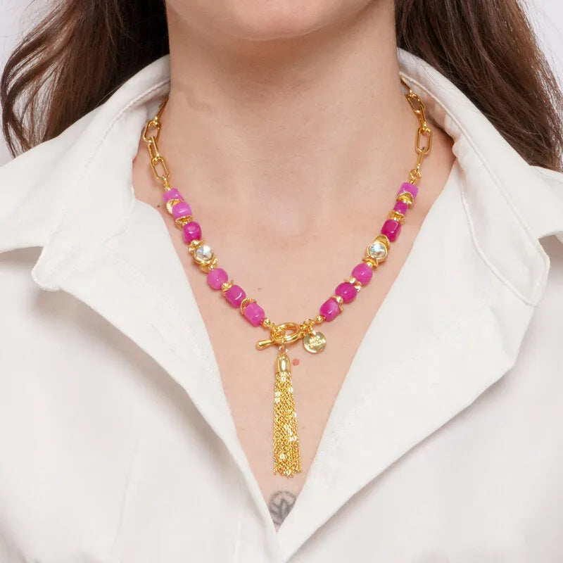 Collana in Metallo cristalli rosa con pendente - BYSIMON gioielli
