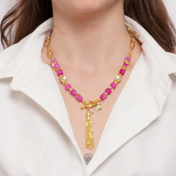 Collana in Metallo cristalli rosa con pendente - BYSIMON gioielli