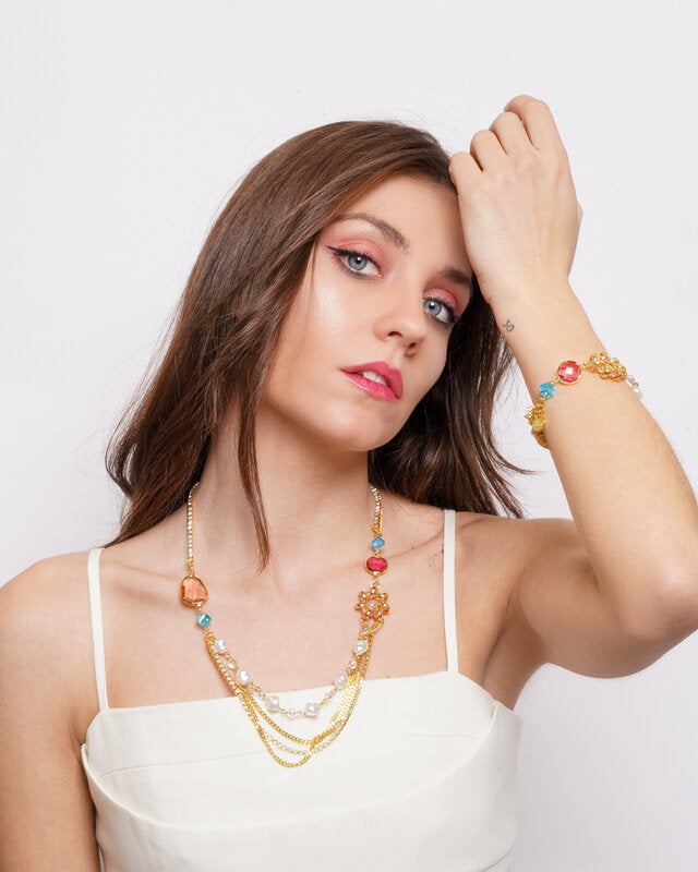 Set coordinato - Collana in Metallo multifilo con cristalli colorati