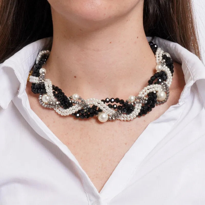 Collana in Metallo treccia cristalli neri grigi