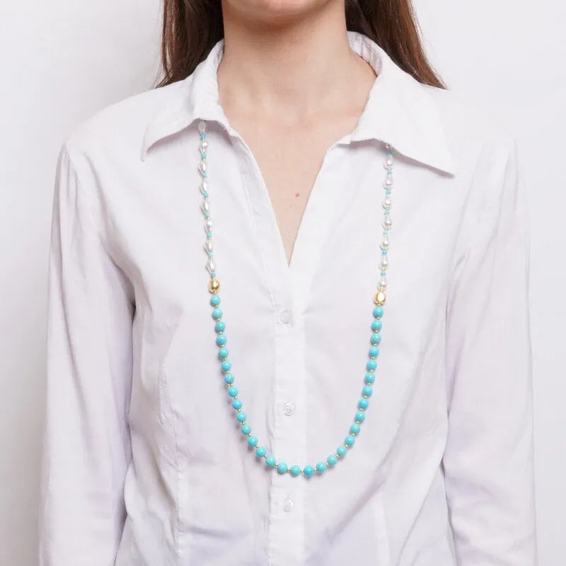 Long Metal Necklace with Light Blue Spheres