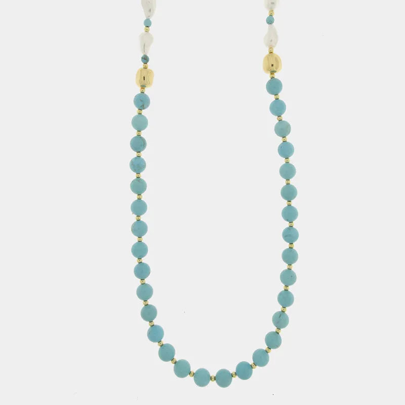 Long Metal Necklace with Light Blue Spheres