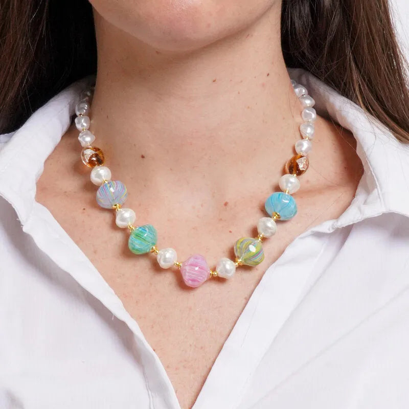 Collana in Metallo sfere avorio e charm pastello
