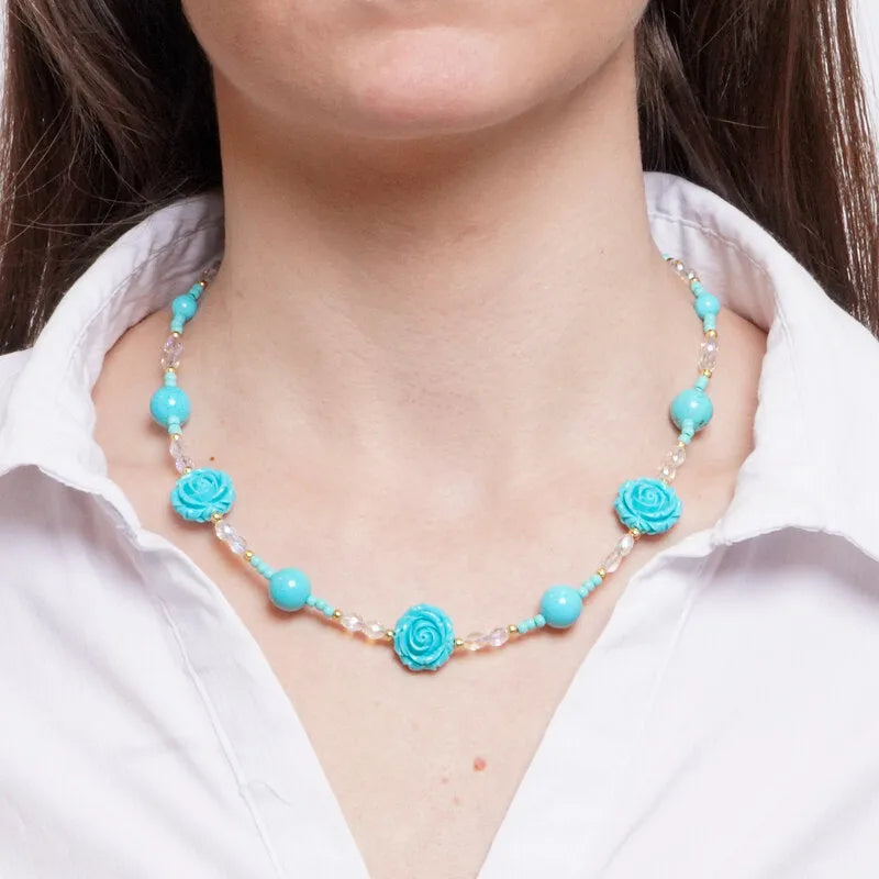 Collana in Metallo fiori e sfere turchesi
