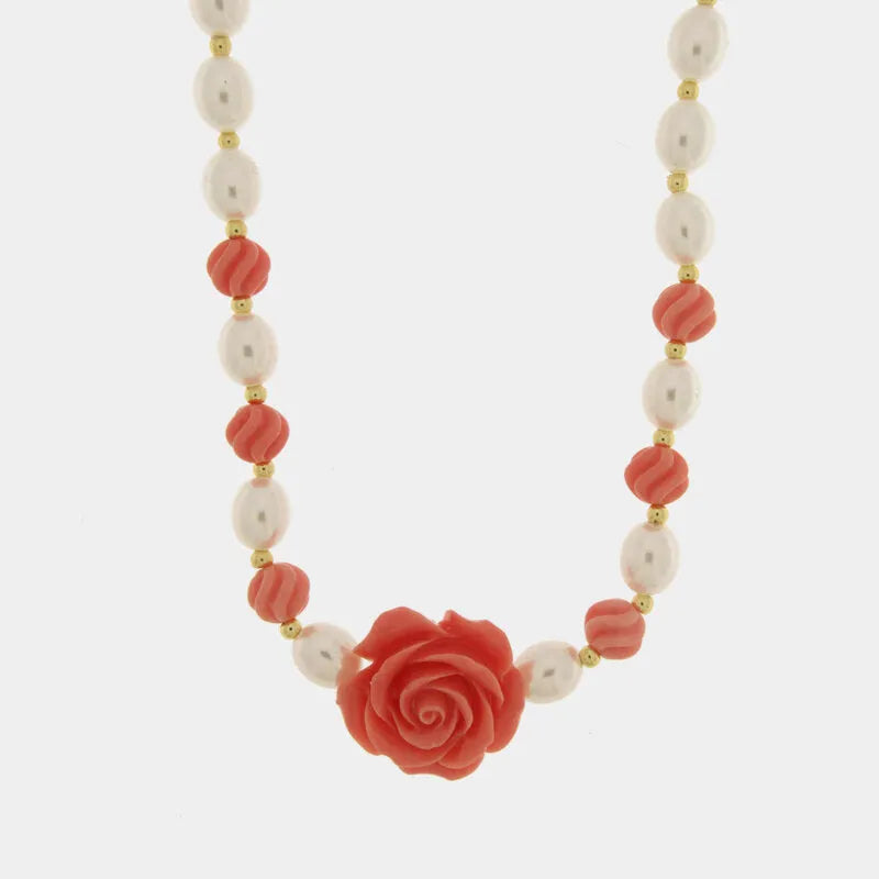 Coral flower metal necklace with pearls