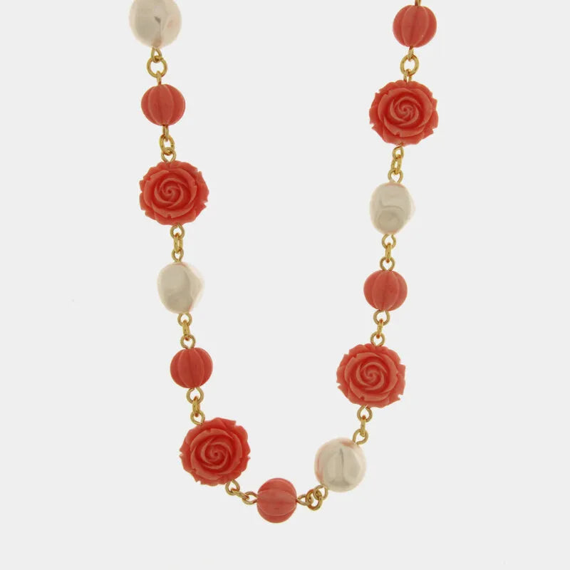 Collana in Metallo fiori corallo con perle