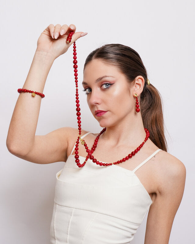 Set coordinato - Collana in Metallo lunga sfere rosse