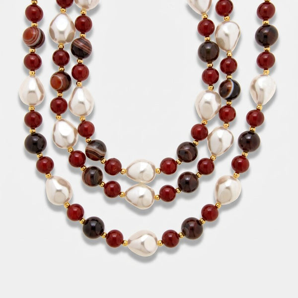 Collana in Metallo multifilo con sfere rosse e perle - BYSIMON gioielli
