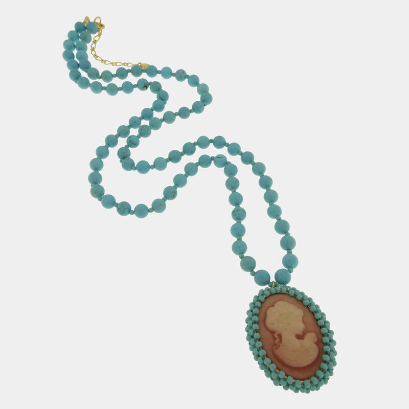 Collana lunga in Metallo sfere turchesi e cammeo