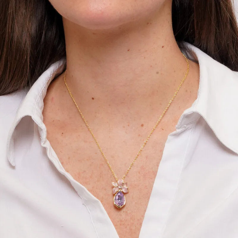 Collana in Metallo fiore rosa e cristallo viola