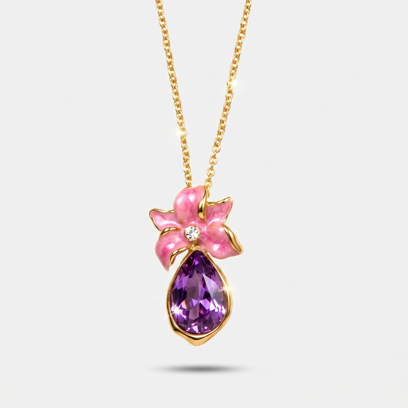 Collana in Metallo fiore rosa e cristallo viola - BYSIMON gioielli
