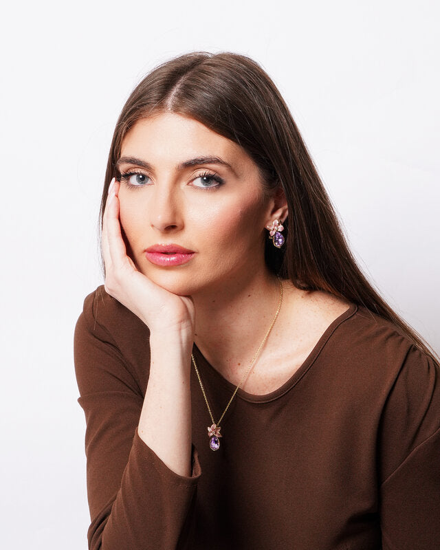 Set coordinato - Collana in Metallo fiore rosa e cristallo viola
