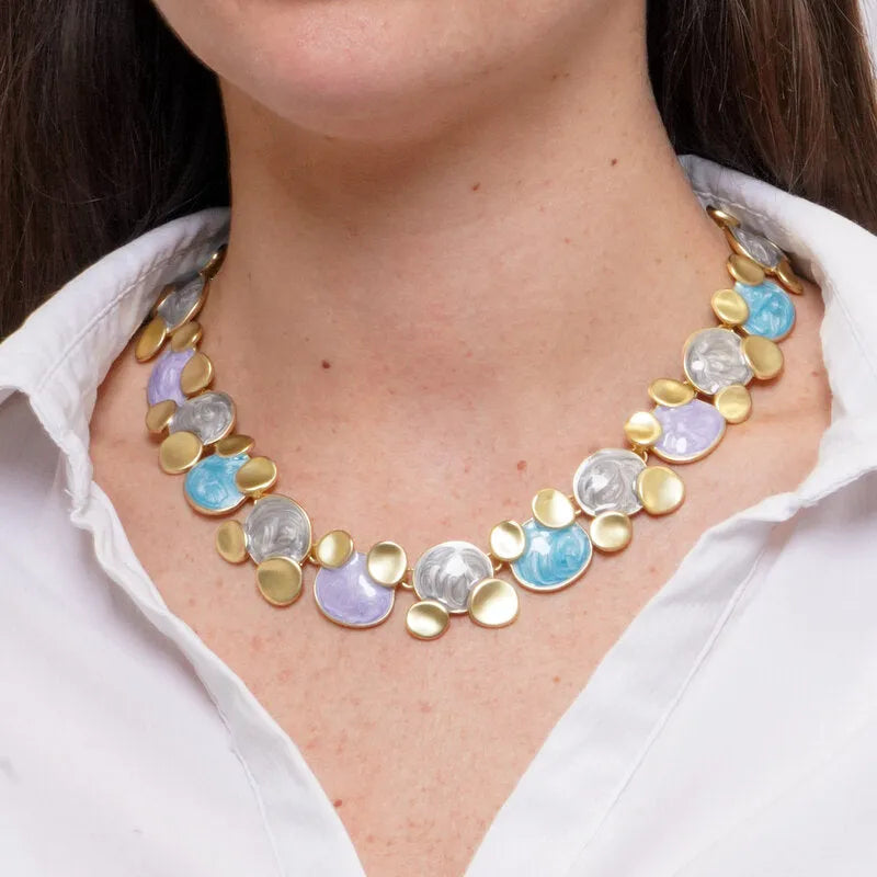 Violet, white, and gray enameled metal necklace