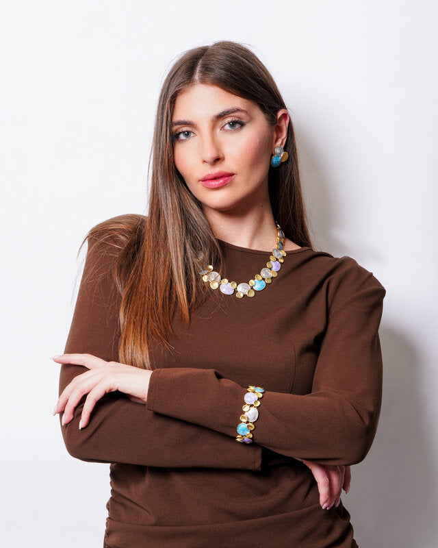 Set coordinato - Collana in Metallo smaltata viola, bianco e grigio