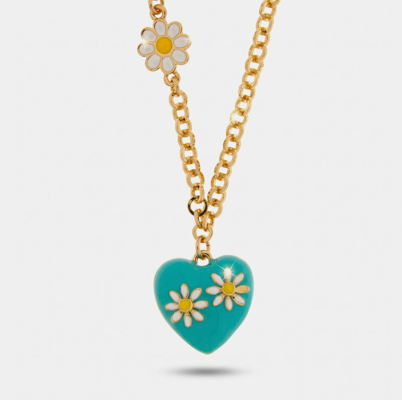 Collana in Metallo catena dorata cuore smaltato turchese margherite bianche Capri