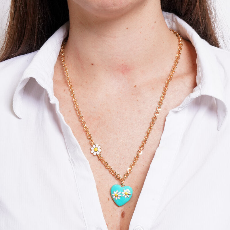 Collana in Metallo catena dorata cuore smaltato turchese margherite bianche Capri