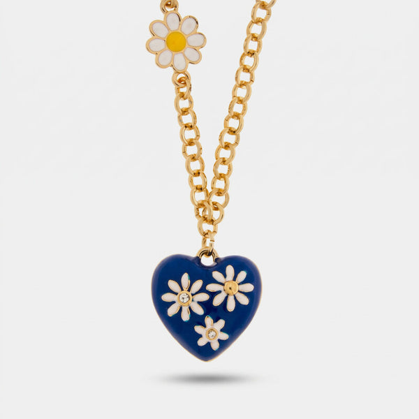 Collana in Metallo catena dorata cuore smaltato blu navy margherite bianche Capri