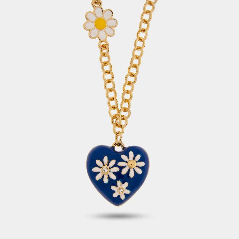 Collana in Metallo catena dorata cuore smaltato blu navy margherite bianche Capri