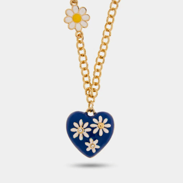 Collana in Metallo catena dorata cuore smaltato blu navy margherite bianche Capri
