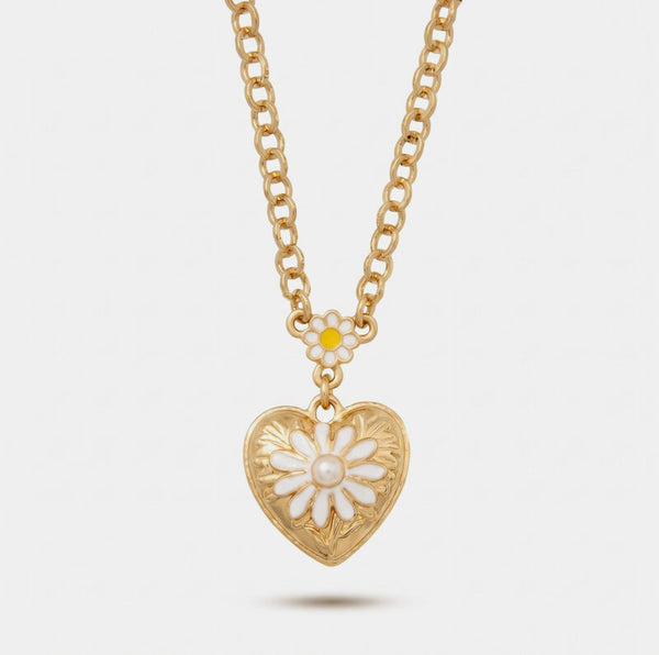 Collana in Metallo catena dorata cuore rilievo floreale margherita bianca Capri
