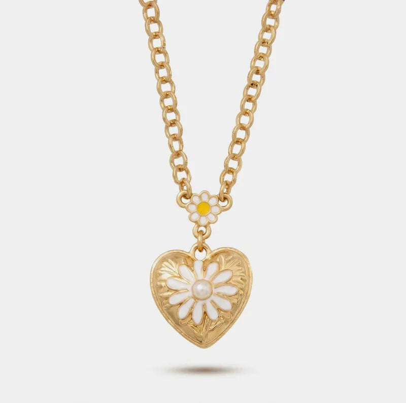 Collana in Metallo catena dorata cuore rilievo floreale margherita bianca Capri