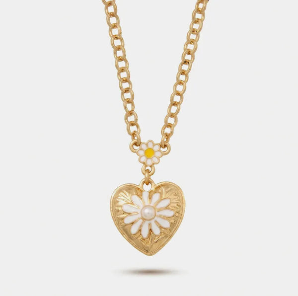 Collana in Metallo catena dorata cuore rilievo floreale margherita bianca Capri