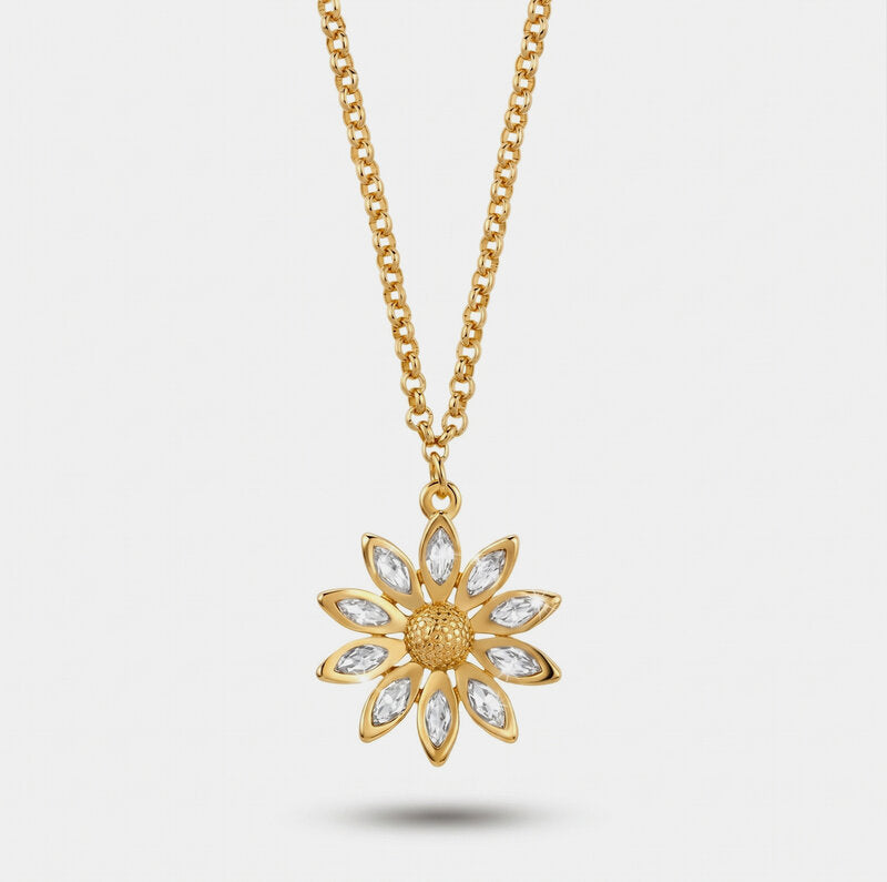Collana in Metallo catena dorata fiore stilizzato petali cristalli pendente Capri