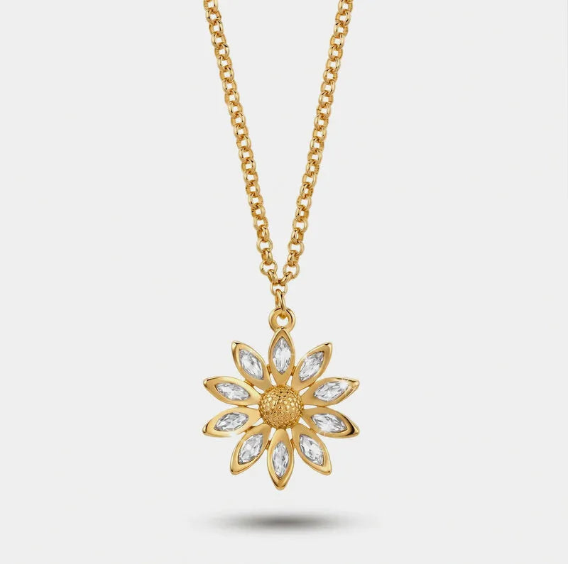Collana in Metallo catena dorata fiore stilizzato petali cristalli pendente Capri