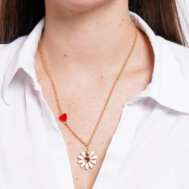 Collana in Metallo catena dorata margherita bianca cuore rosso cristallo Capri