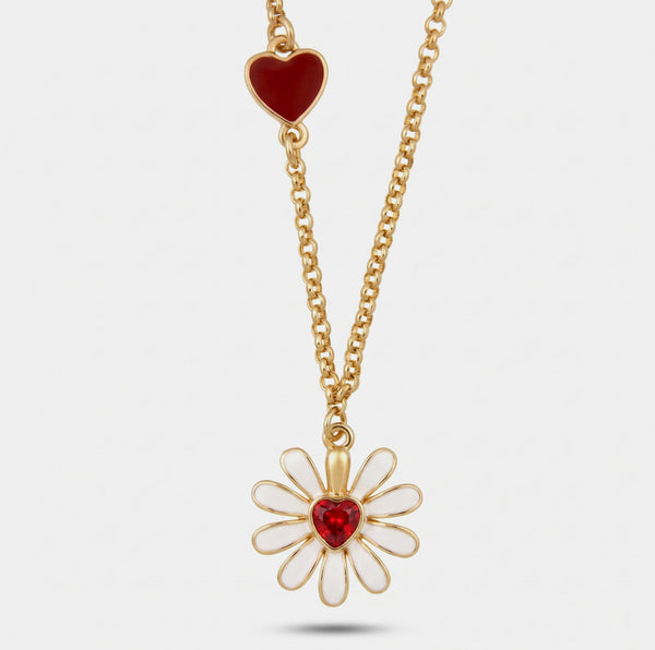 Collana in Metallo catena dorata margherita bianca cuore rosso cristallo Capri