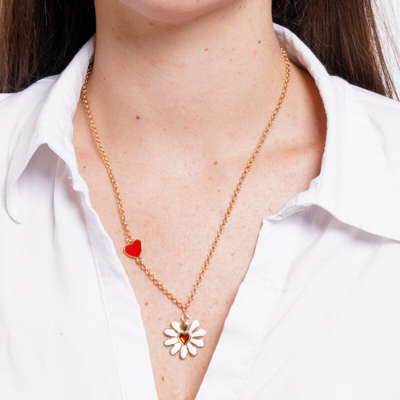 Collana in Metallo catena dorata margherita bianca cuore rosso cristallo Capri