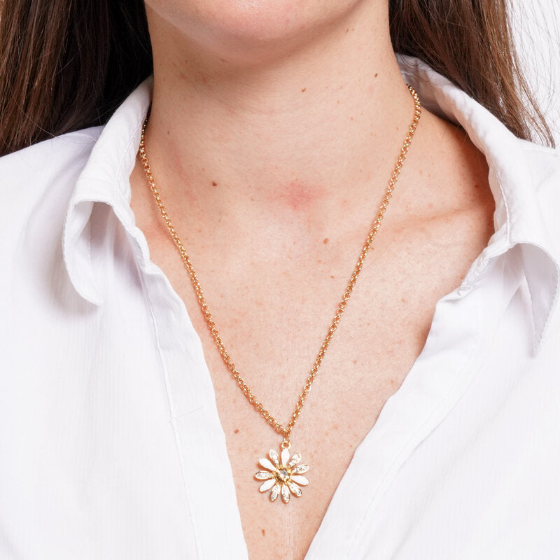 Collana in Metallo catena dorata margherita petali alternati bianco cristalli Capri