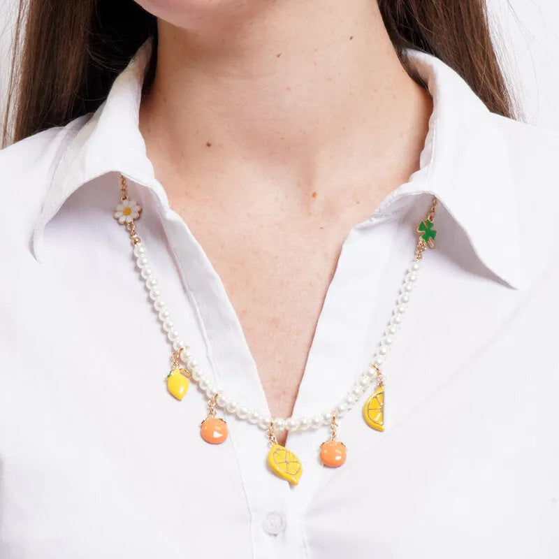 Collana in Metallo con charm a forma di, limoni, arance, margherite e quadrifoglio