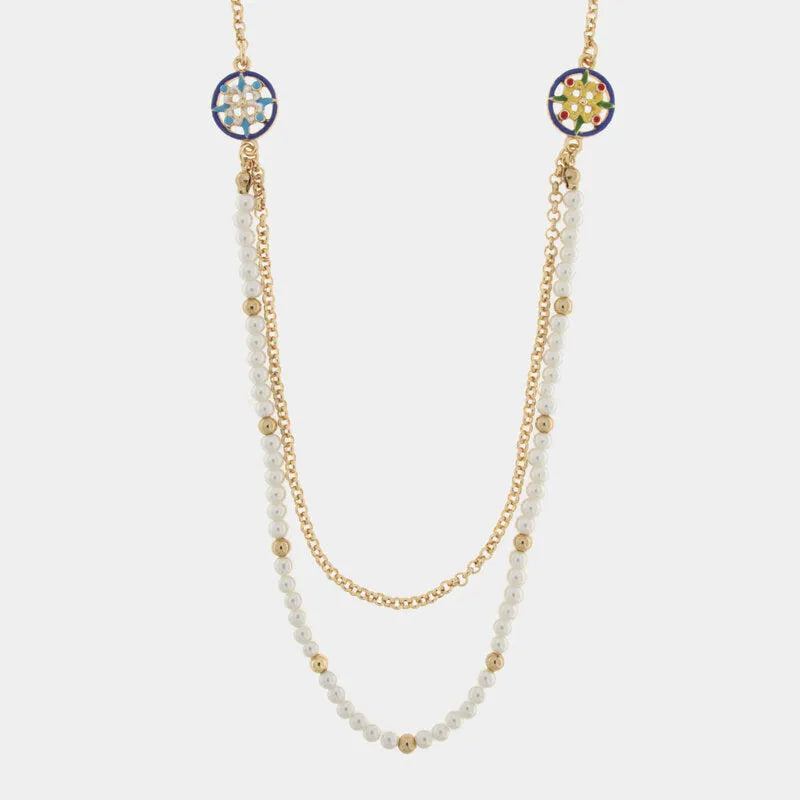 Collana in Metallo multifilo con sfere e maioliche multicolore