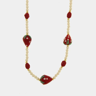 Collana in Metallo con fragole rosse pendenti Art Glass Stone